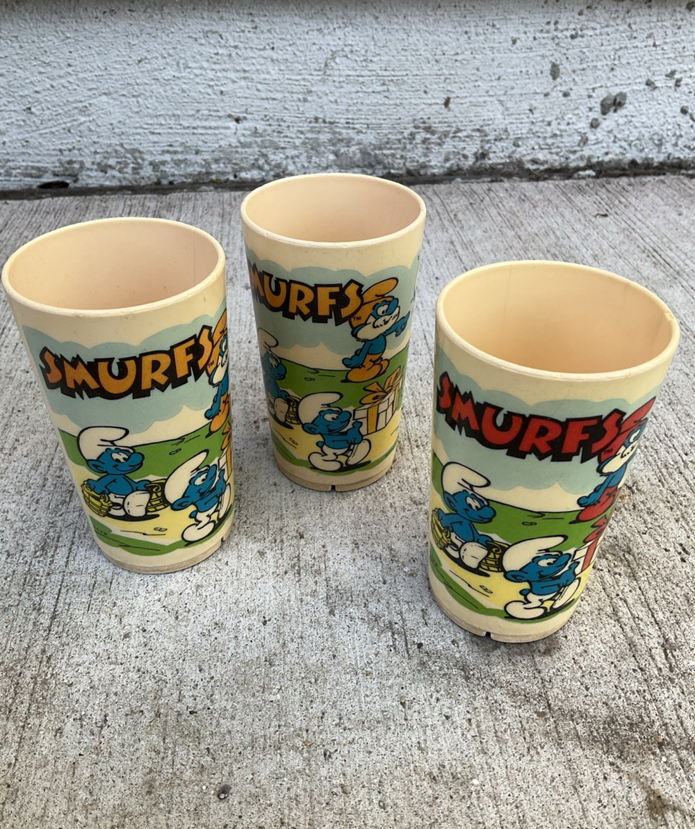 Vintage 1980s Deka The Smurfs 4" Drinking Cups Plastic Set of 3 Smurf Scene